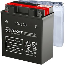 Мото аккумулятор ИРКУТ 12N5-3B AGM 5.2 Ач (YB5L-B)