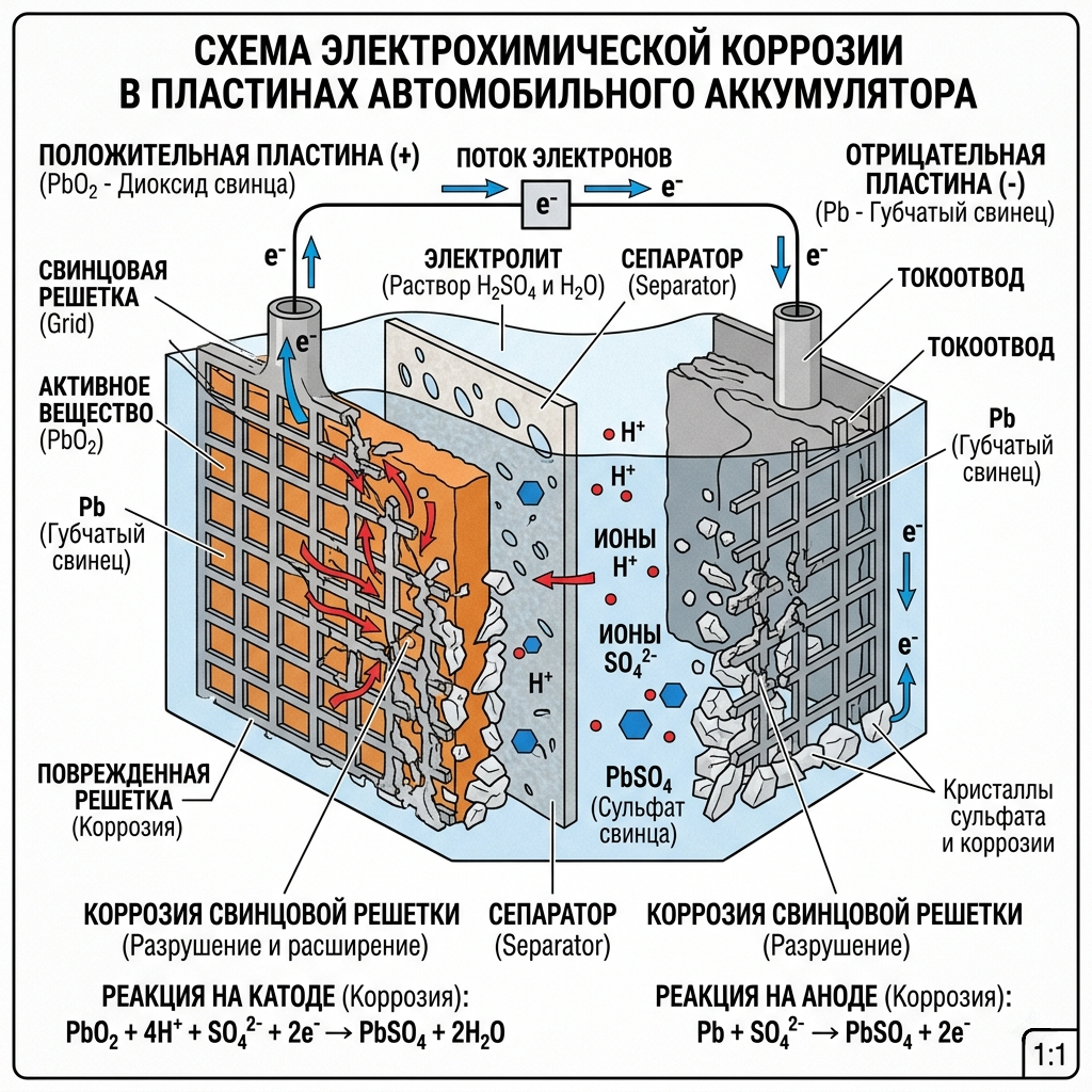 Схема электрохимической коррозии аккумулятора