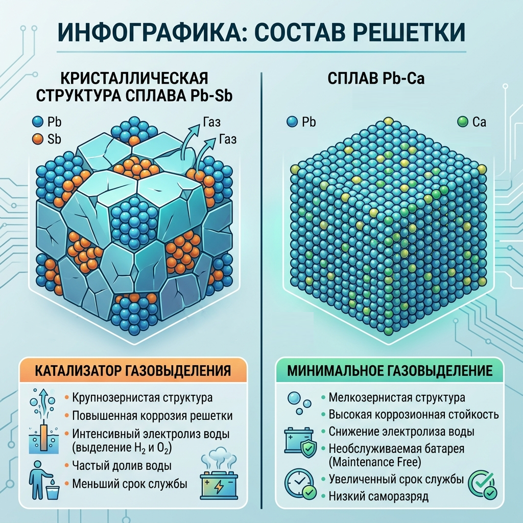 Слева &mdash; кристаллическая структура сплава Pb-Sb, видны выступы сурьмы. Справа &mdash; сплав Pb-Ca