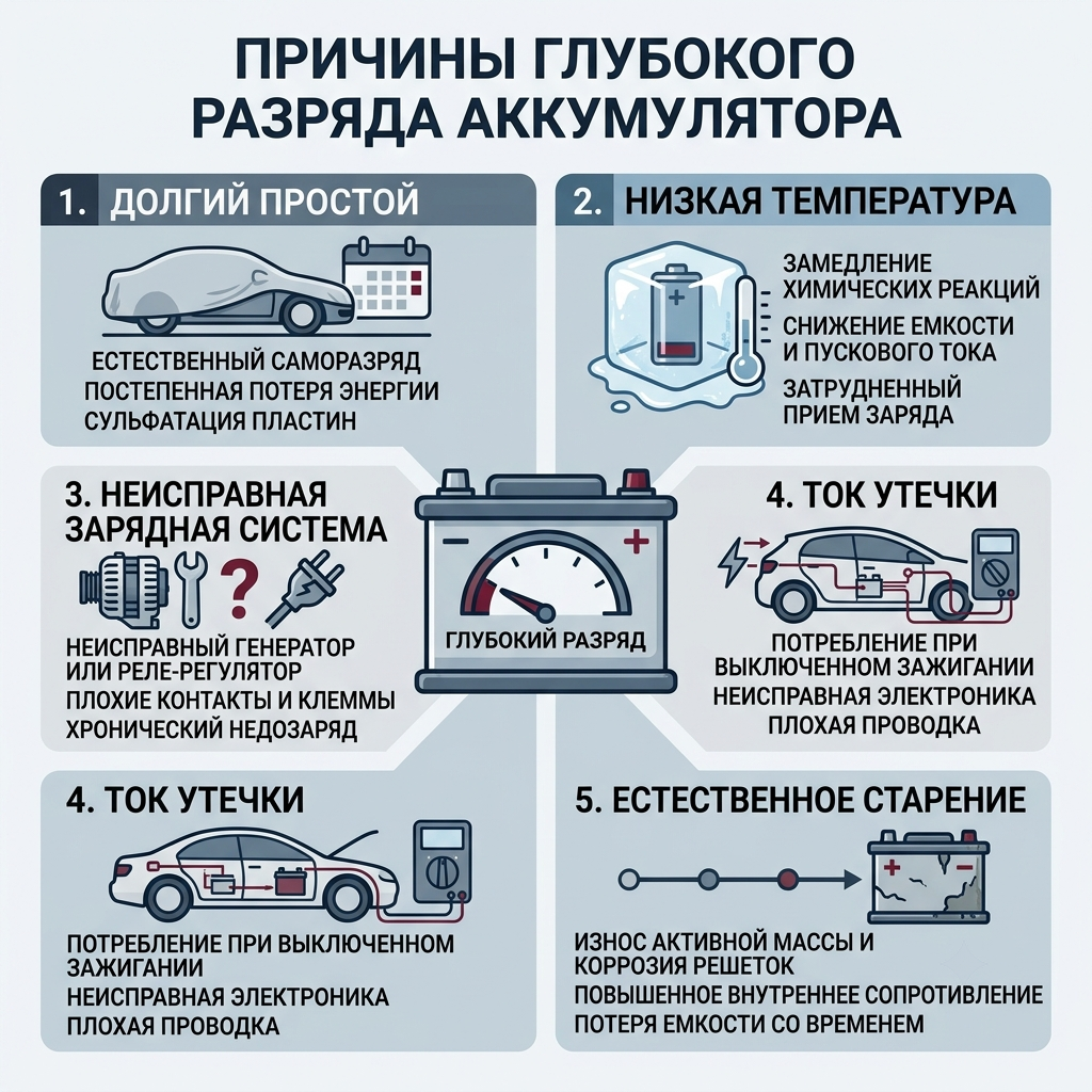 глубокий разряд &mdash; долгий простой, низкая температура, неисправная зарядная система, ток утечки, естественное старение