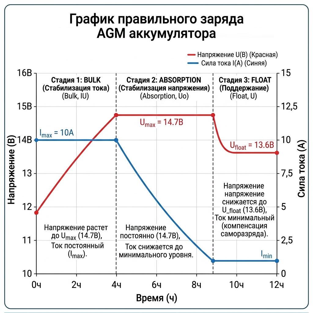 График правильного заряда AGM аккумулятора