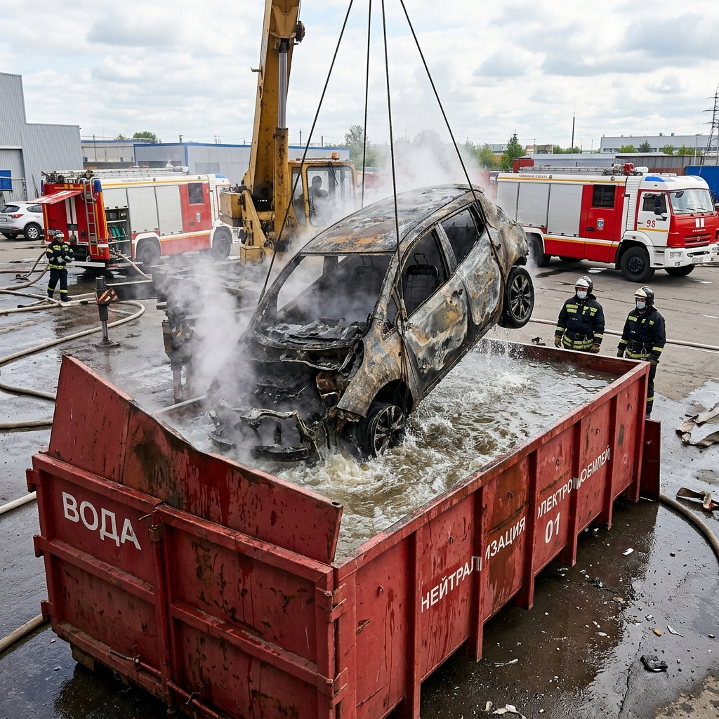 Погружение горящего электромобиля в контейнер с водой