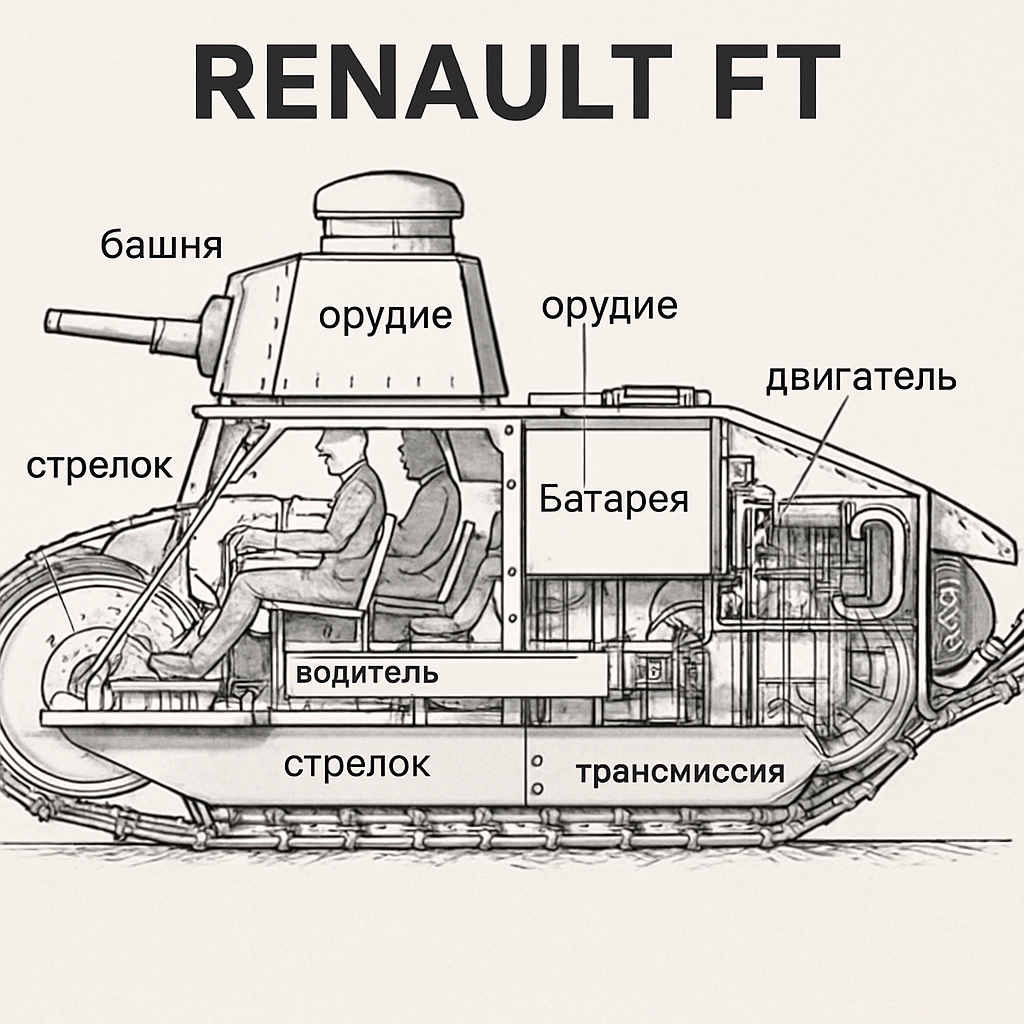 Лёгкие танки вроде Renault FT унаследовали многие решения от автомобильной техники, включая использование свинцово-кислотных аккумуляторов Лёгкие танки вроде Renault FT унаследовали многие решения от автомобильной техники, включая использование свинцово-кислотных аккумуляторов