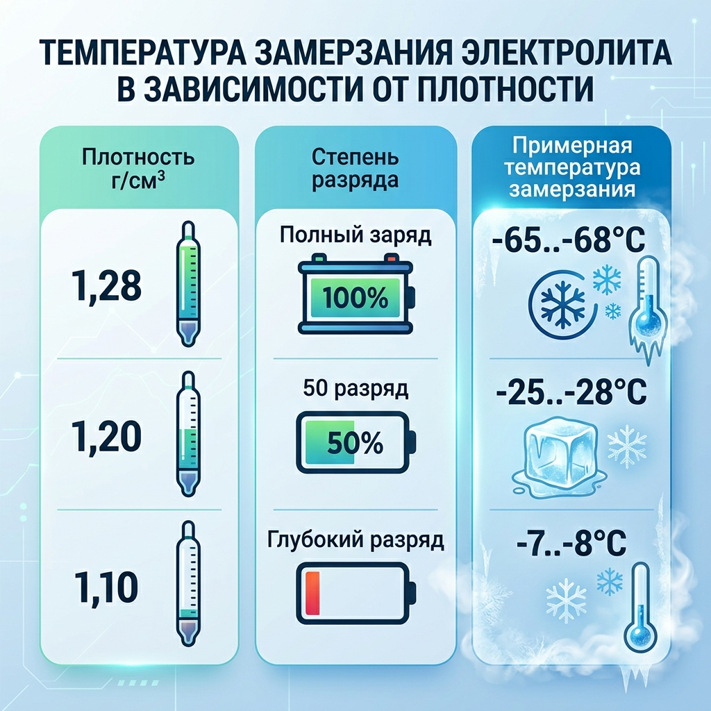 Температура замерзания электролита в зависимости от плотности