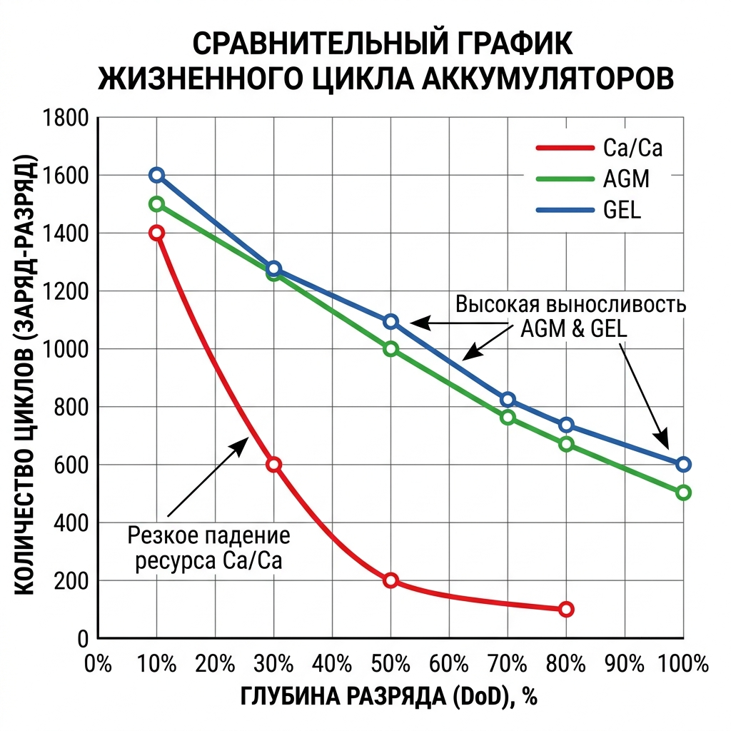Сравнительный график жизненного цикла аккумуляторов Сравнительный график жизненного цикла аккумуляторов