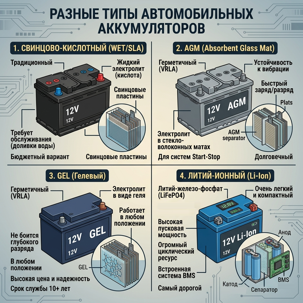 визуальное сравнение свинцово-кислотной, AGM, GEL и литий-ионной батарей