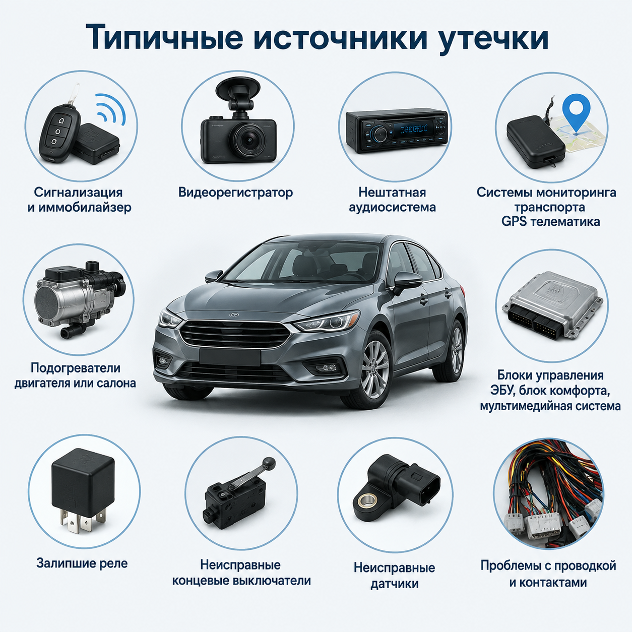 утечка тока в автомобиле &mdash; схема источников
