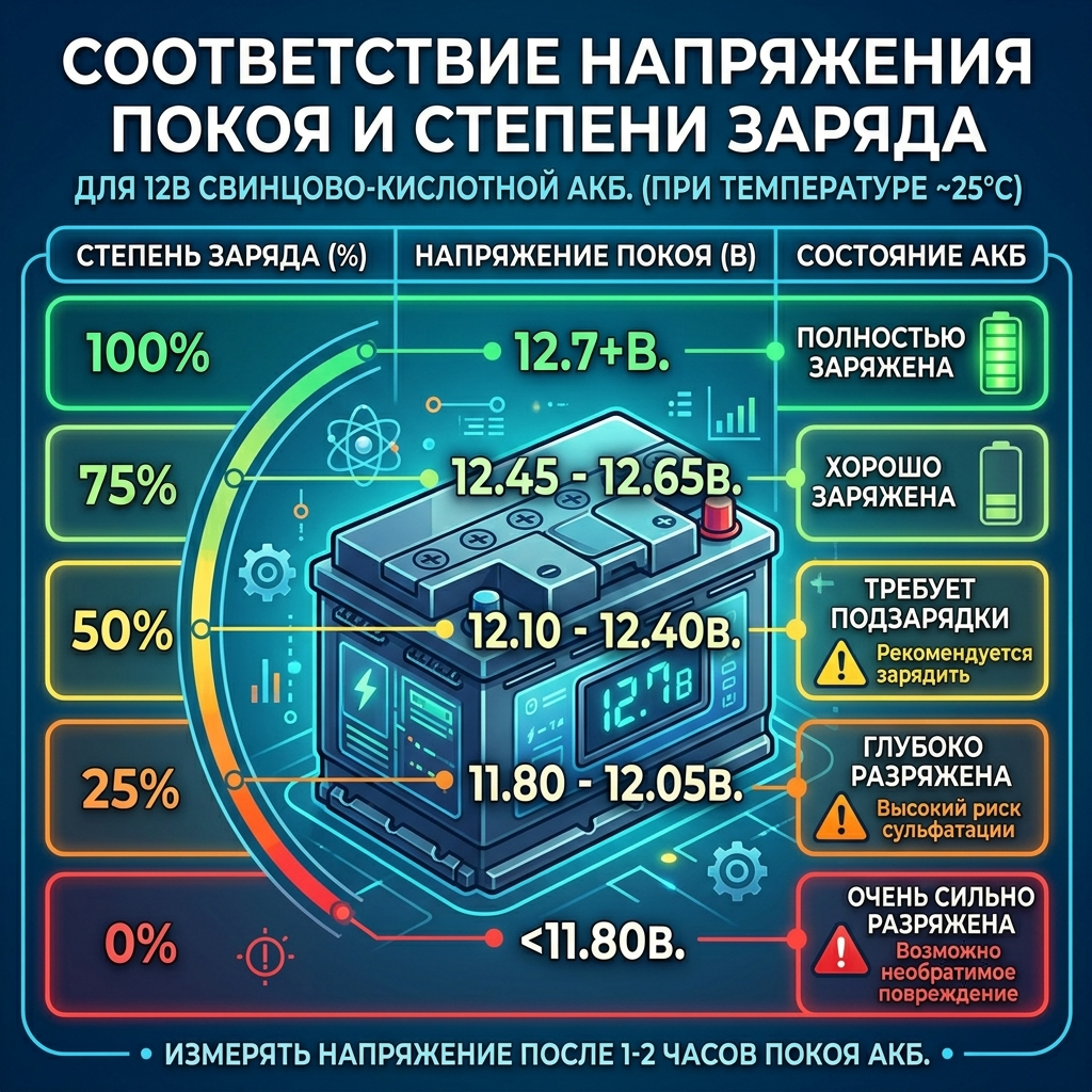 Ориентировочная оценка заряда АКБ по напряжению покоя Ориентировочная оценка заряда АКБ по напряжению покоя