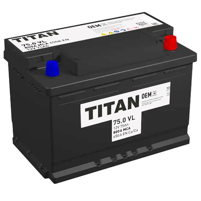Аккумулятор автомобильный TITAN STANDART OEM 75 Ач 650A обр. пол.