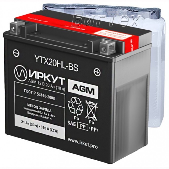 Мото аккумулятор ИРКУТ YTX20HL-BS AGM 21 Ач
