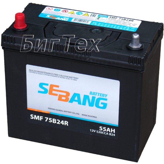 Аккумулятор автомобильный SEBANG 75B24R 55 Ач (тонкие клеммы)
